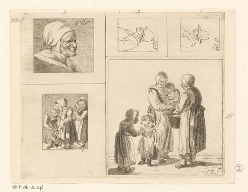 Vijf voorstellingen by Pieter de Mare, print, 1779
