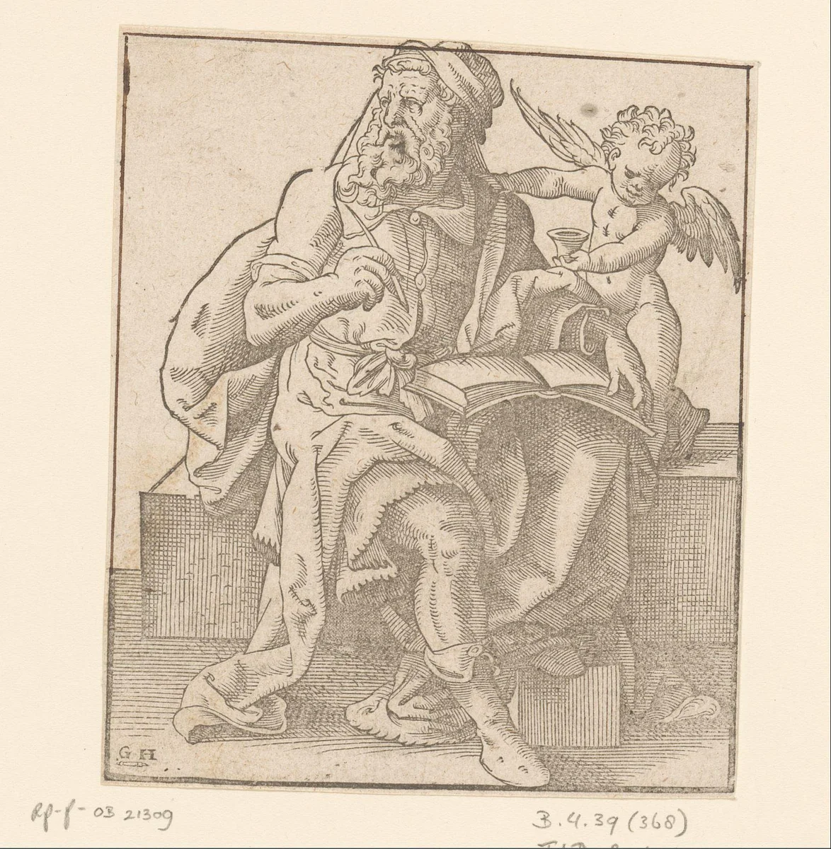 Evangelist Mattheüs schrijvend by Unknown, print, 1580