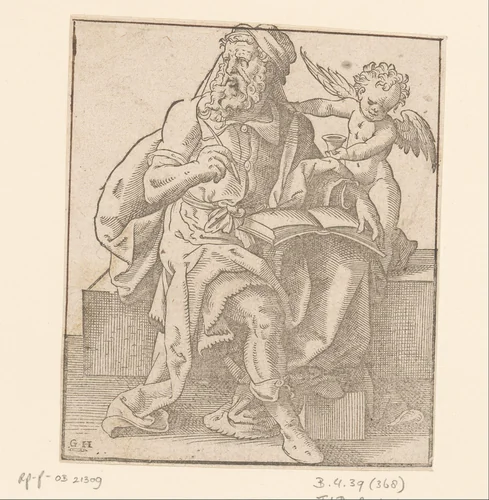 Evangelist Mattheüs schrijvend by Unknown, print, 1580