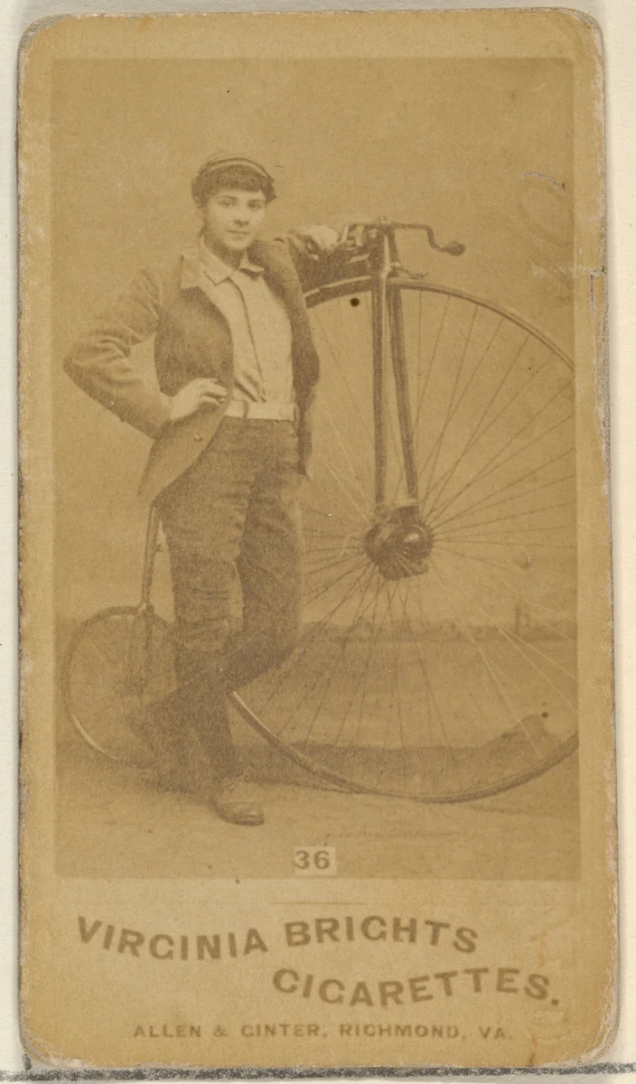 Card 36, from the Girl Cyclists series (N49) for Virginia Brights Cigarettes by Allen & Ginter, photograph, 1887