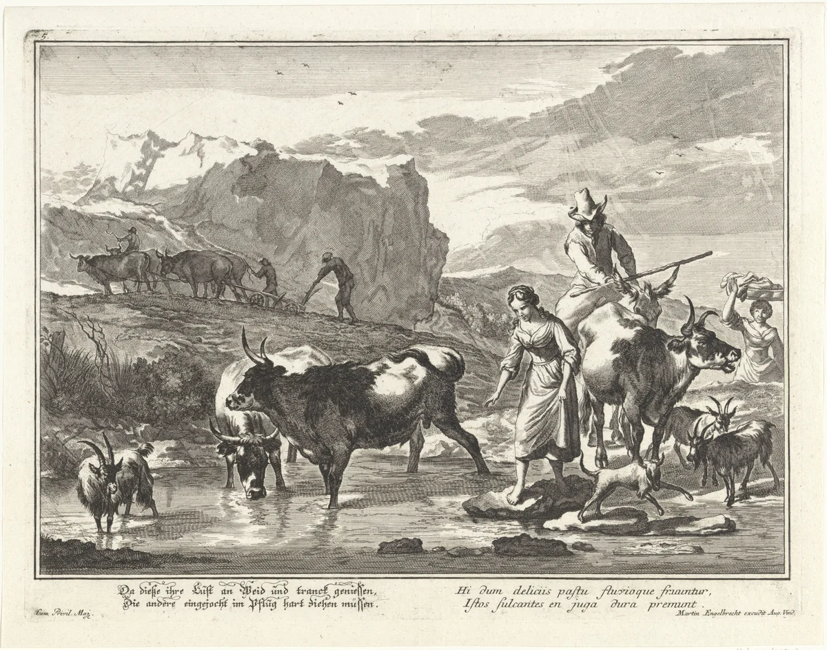 Jonge vrouw loopt over stenen door een rivier by anonymous, print, 1699-1756