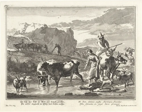 Jonge vrouw loopt over stenen door een rivier by anonymous, print, 1699-1756