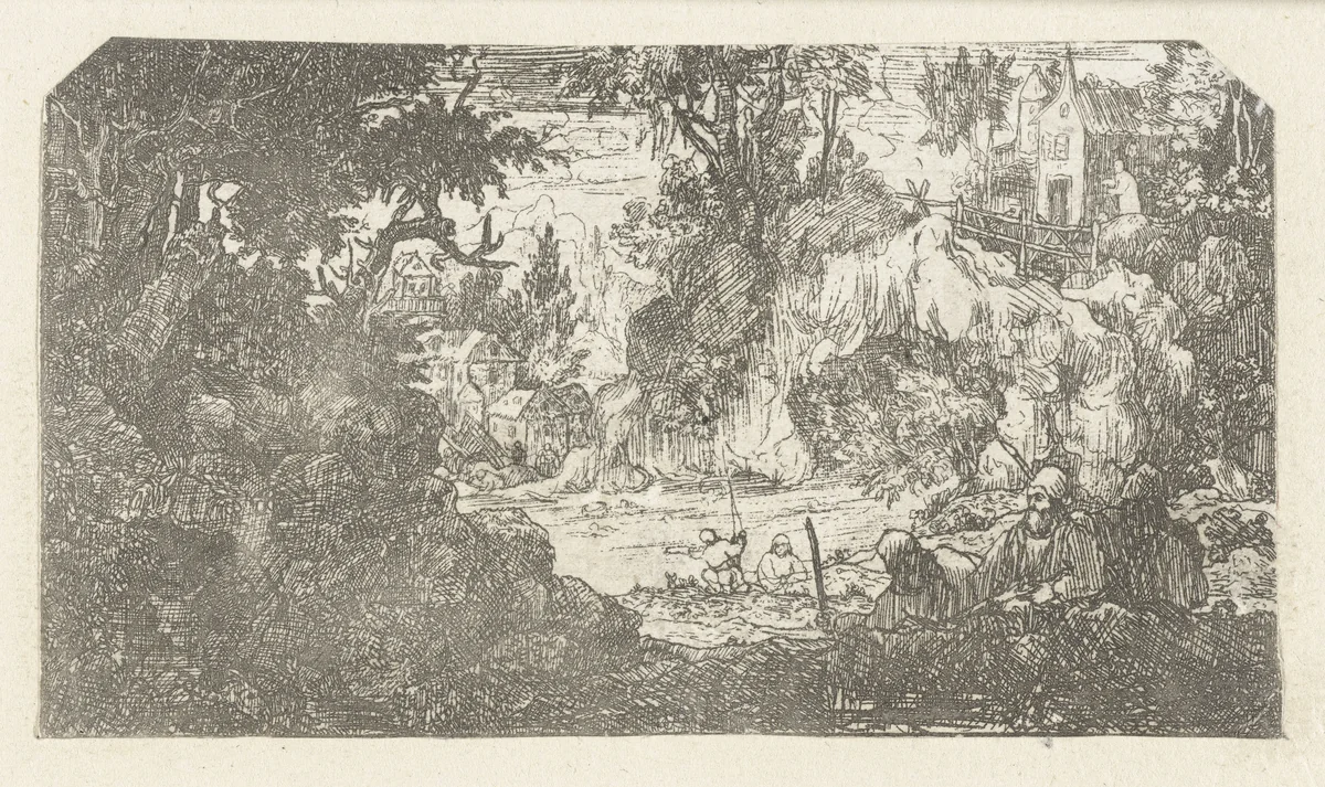 Landschap met rustende reizigers by Rodolphe Bresdin, print, 1843-1844