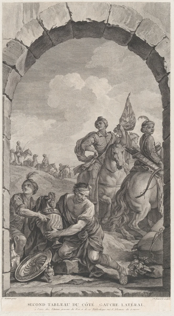 The Chapel of the Enfants-Trouvés in Paris: La Suite des rois mages: cavaliers by Etienne Fessard, print, 1756