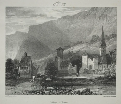 Voyages pittoresques et romantiques dans l'ancienne France. Franche Comté: Abbaye de Baume, Baume-les-Messieurs by James Duffield Harding, print, 1825