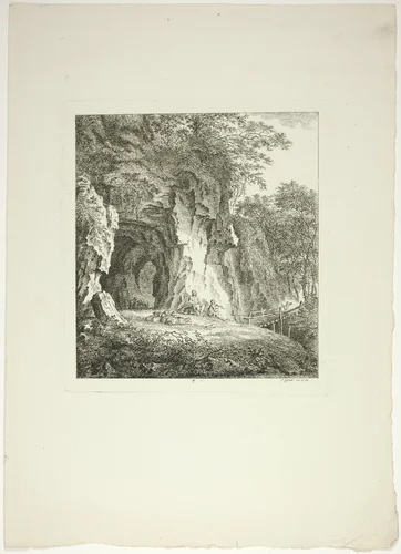 Shepherds and Sheep Resting Under a Bridge, plate seven from Paysages Dédiés à M. Warelet by Salomon Gessner, print, 1764