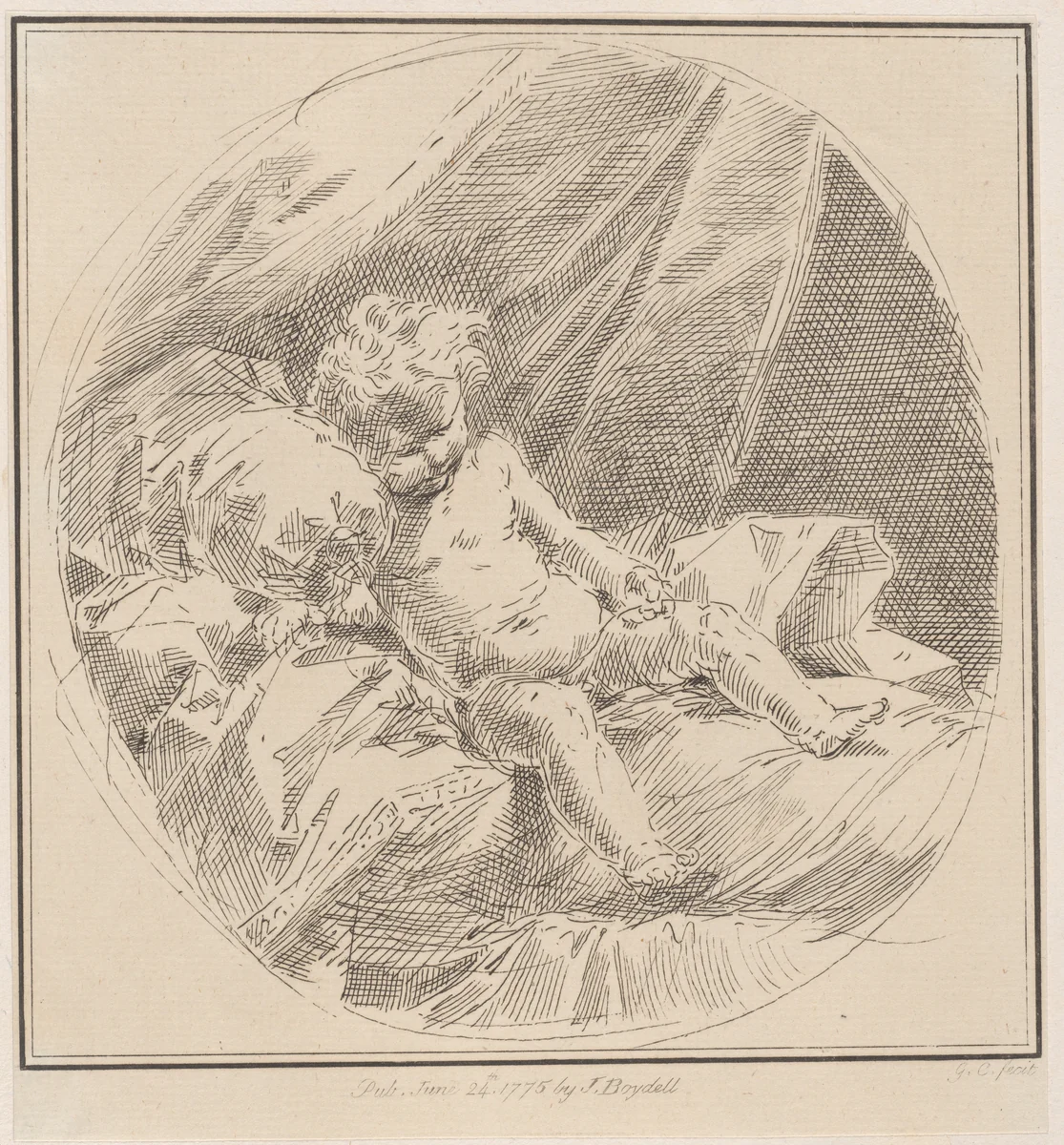 Putto reclining on a bed by Giuseppe Canale, print, 1775