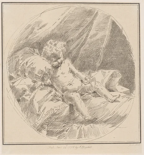 Putto reclining on a bed by Giuseppe Canale, print, 1775