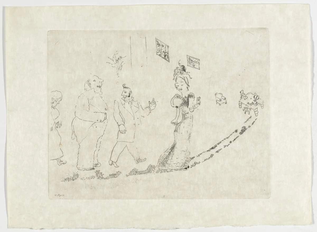 Walking to the Table (On passe à table), plate XXXIV (supplementary suite) from Les Âmes mortes by Marc Chagall, illustrated book, 1923