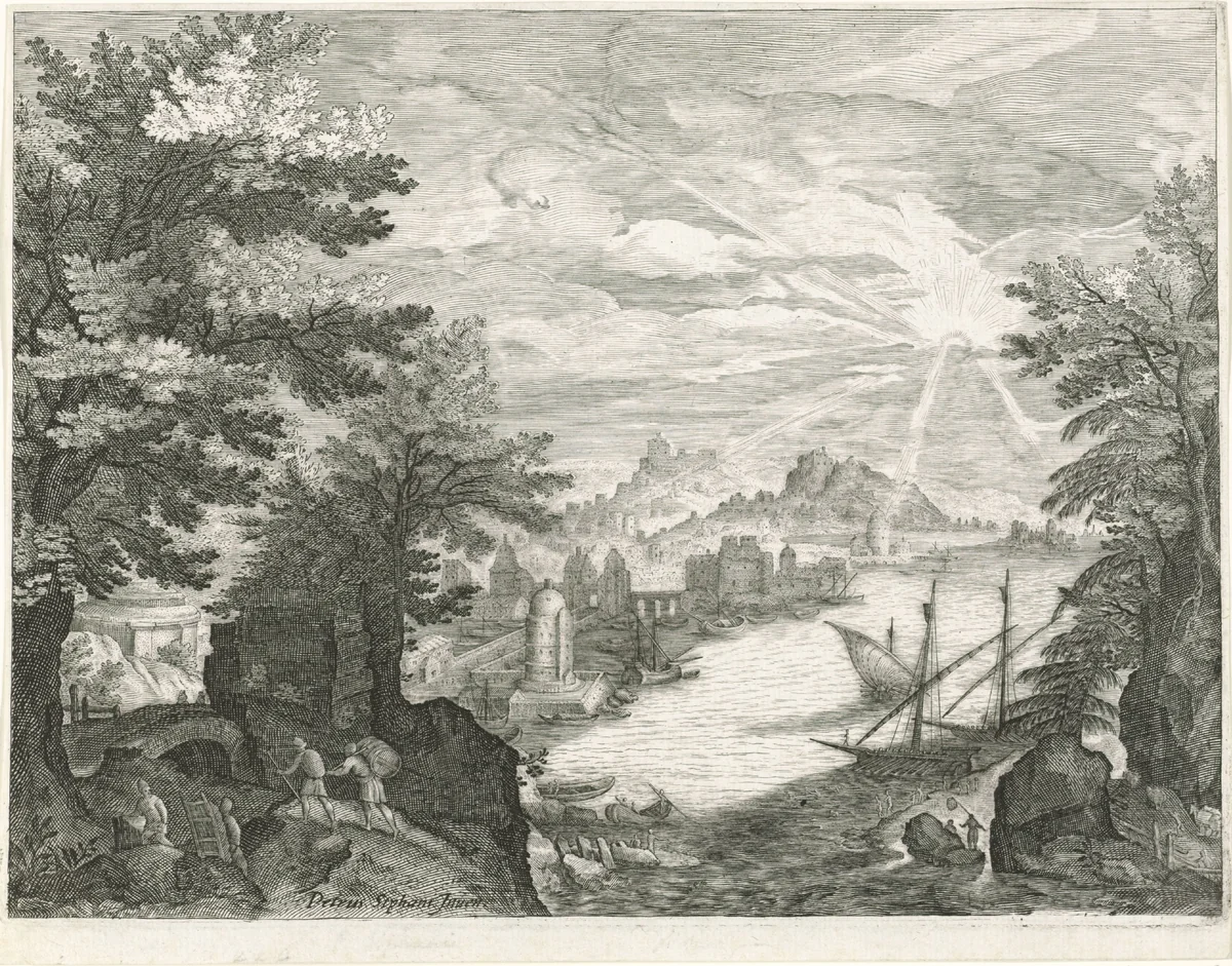 Landschap met haven by Aegidius Sadeler, print, 1597-1629