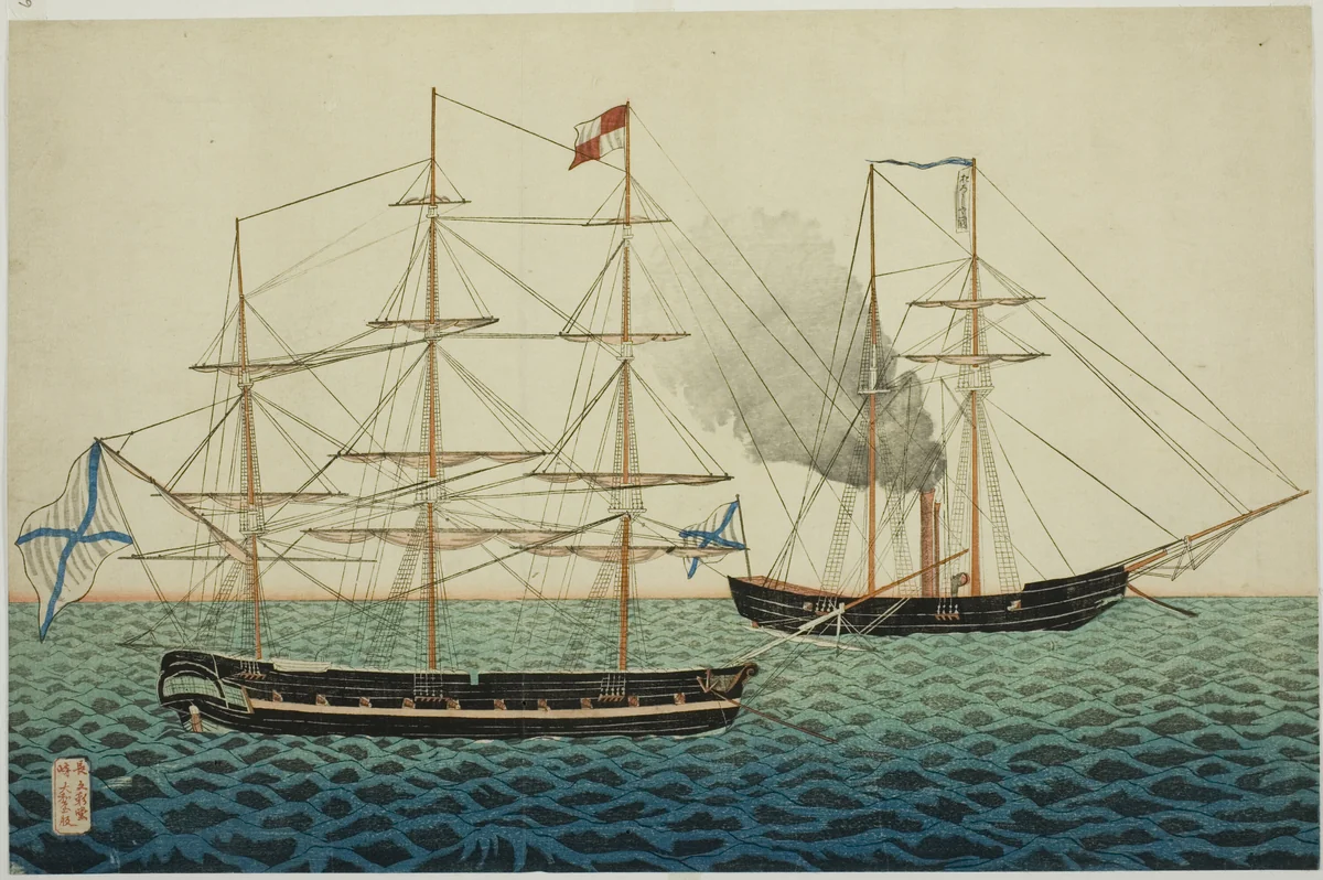 Russian Vessels, from the Album of seven prints of Russian Army and Warship (Roshia seigi shashin kan) by Kawahara Keiga, print, 1853