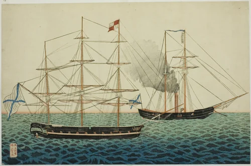 Russian Vessels, from the Album of seven prints of Russian Army and Warship (Roshia seigi shashin kan) by Kawahara Keiga, print, 1853