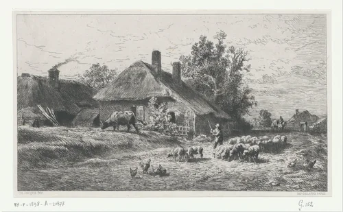 Herder met kudde op een weg langs een boerderij by Charles Emile Jacque, print, 1850