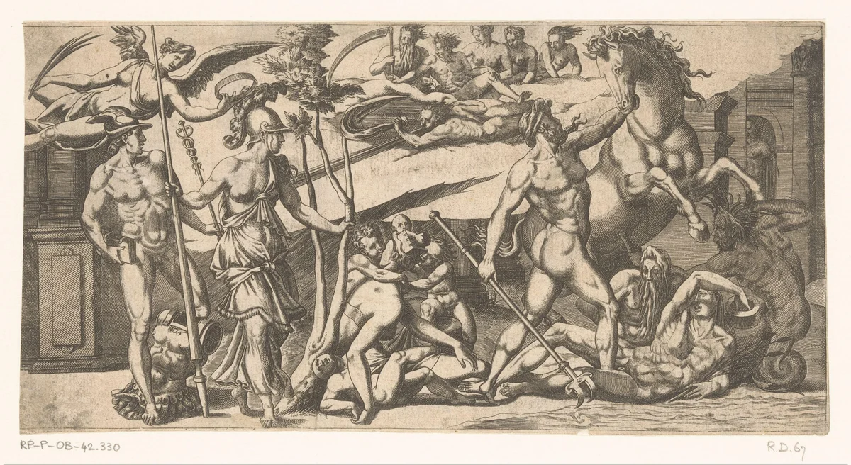 Twist tussen Neptunus en Minerva by Unknown, print, 1535-1598