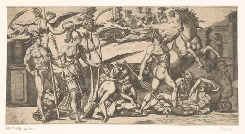 Twist tussen Neptunus en Minerva by Unknown, print, 1535-1598