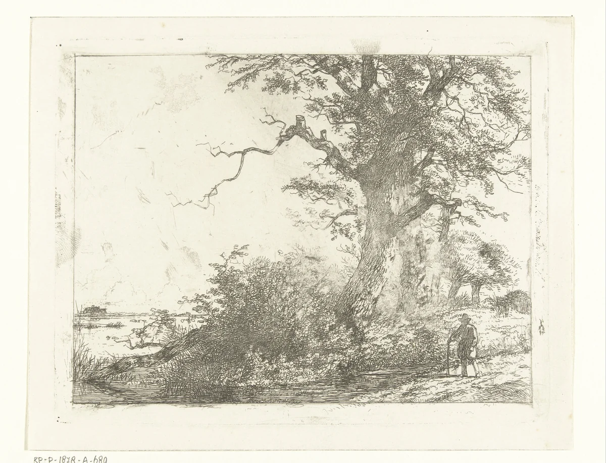 Landschap met eikebomen en man bij water by Albertus Brondgeest, print, 1796-1849
