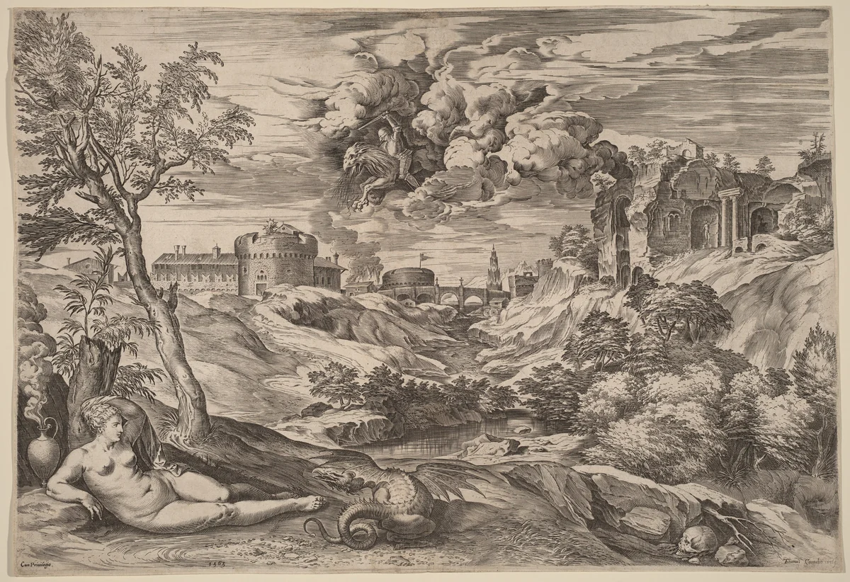 Landscape with Roger Liberating Angelica by Cornelis Cort, print, 1565