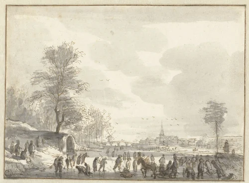 Winter Scene with Skaters by Roelant Roghman, drawing, 1650-1655