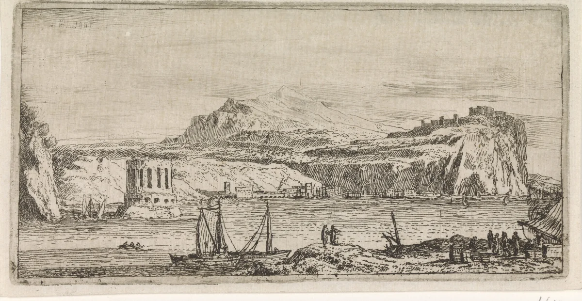Zeezicht met ronde toren by Abraham Genoels, print, 1650-1723