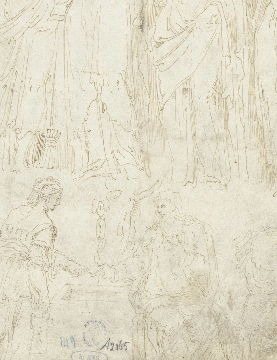 Vier vrouwen en Christus met de Samaritaanse by Unknown, drawing, 1530-1600