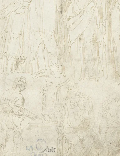 Vier vrouwen en Christus met de Samaritaanse by Unknown, drawing, 1530-1600