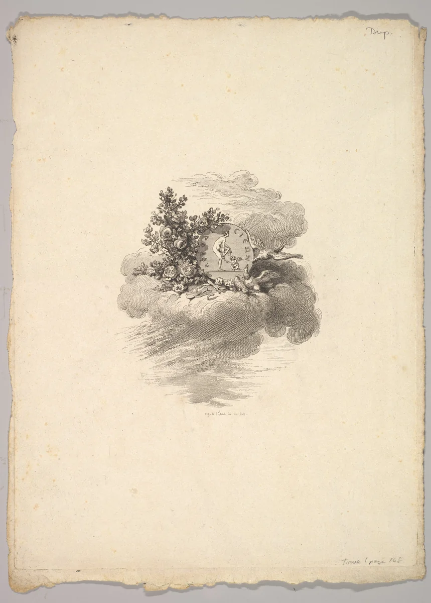 Vignette with Coin on a Cloud with Roses to the left and Doves Below and to the Right, Tome I, Page 148, from Description des Principales Pierres gravées du Cabinet de S.A.S. Monseigneur le Duc d'Orléans Premier Prince du sang. A Paris chez M. l'abbé de la Chau au Palais-Royal M. l'abbé Le Blond au collége Mazarin Et chez Pissot, libraire, quai des Augustins by Augustin de Saint-Aubin, print, 1778-1780