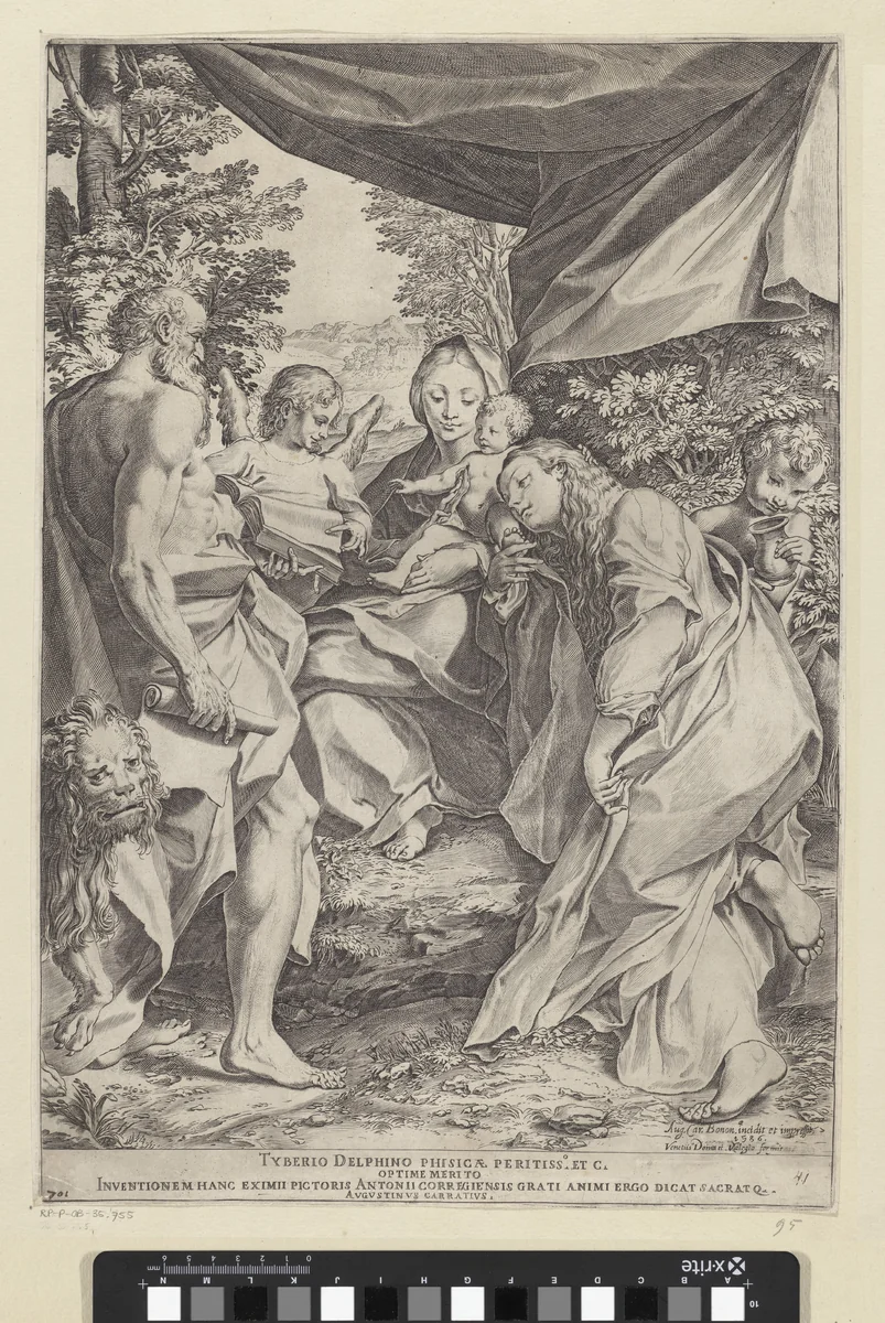 Maria met Kind en de heilige Hieronymus en Maria Magdalena by Unknown, print, 1586