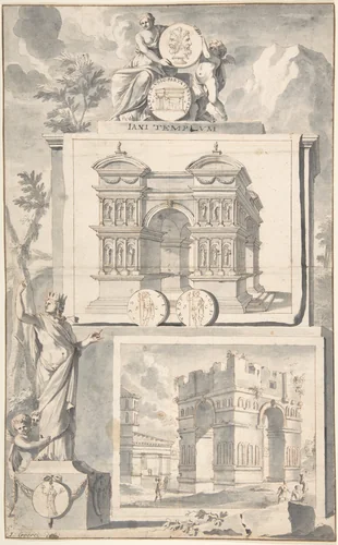 A Reconstruction of the Temple of Janus (above) and a View of the Ruins (below) by Jan Goeree, drawing, 1690-1704