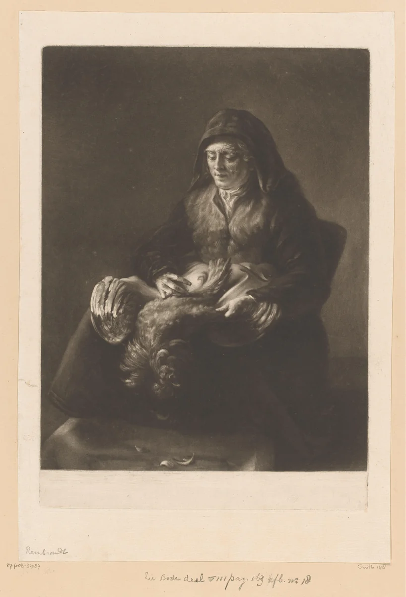 Vrouw plukt een haan by Richard Houston, print, 1731-1775