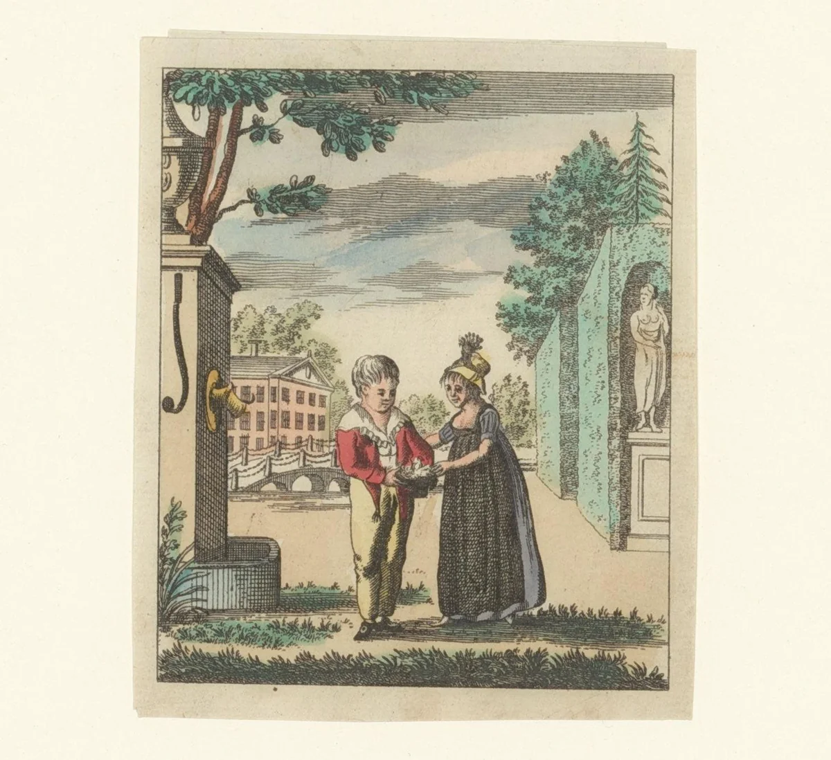 Twee dames spelen met een nestje by anonymous, print, 1800-1899