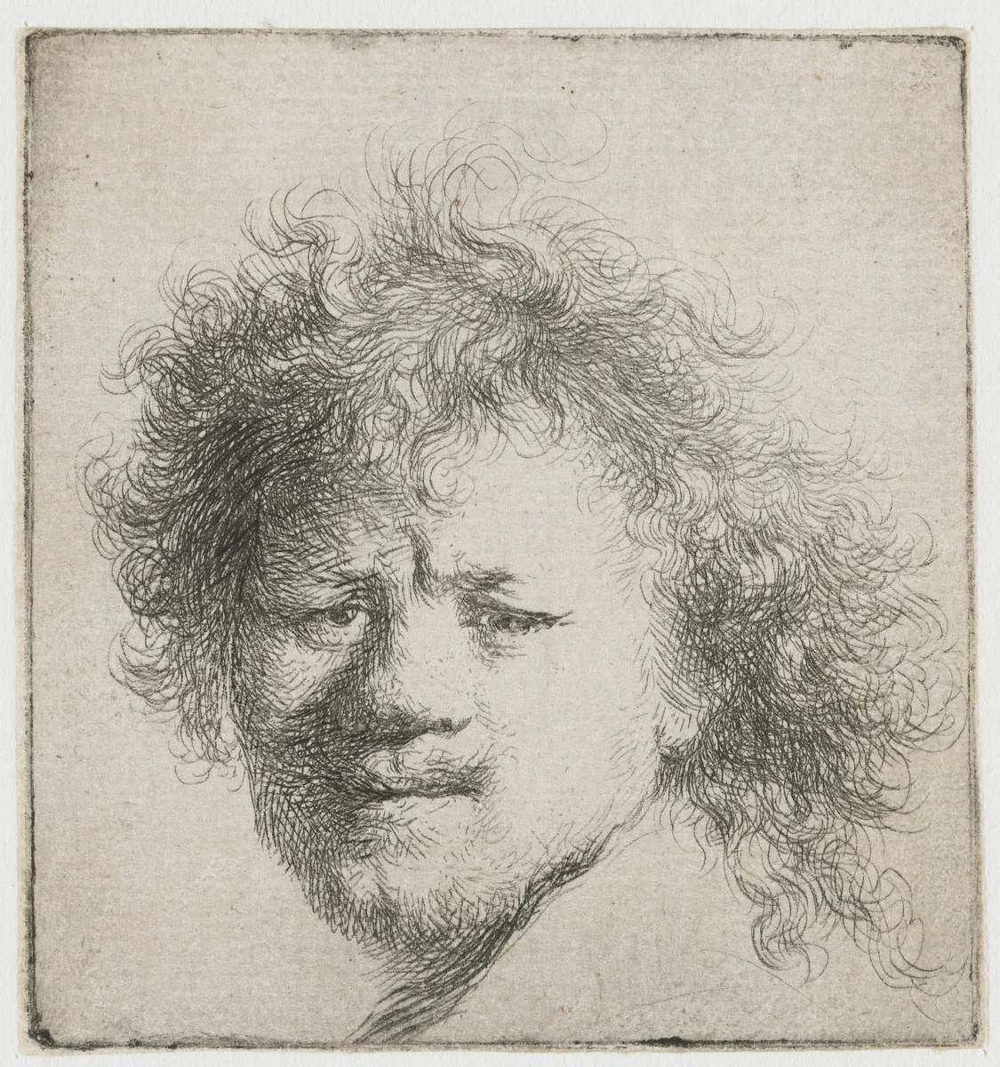 Self-portrait with long bushy hair: head only by Rembrandt van Rijn, print, 1631