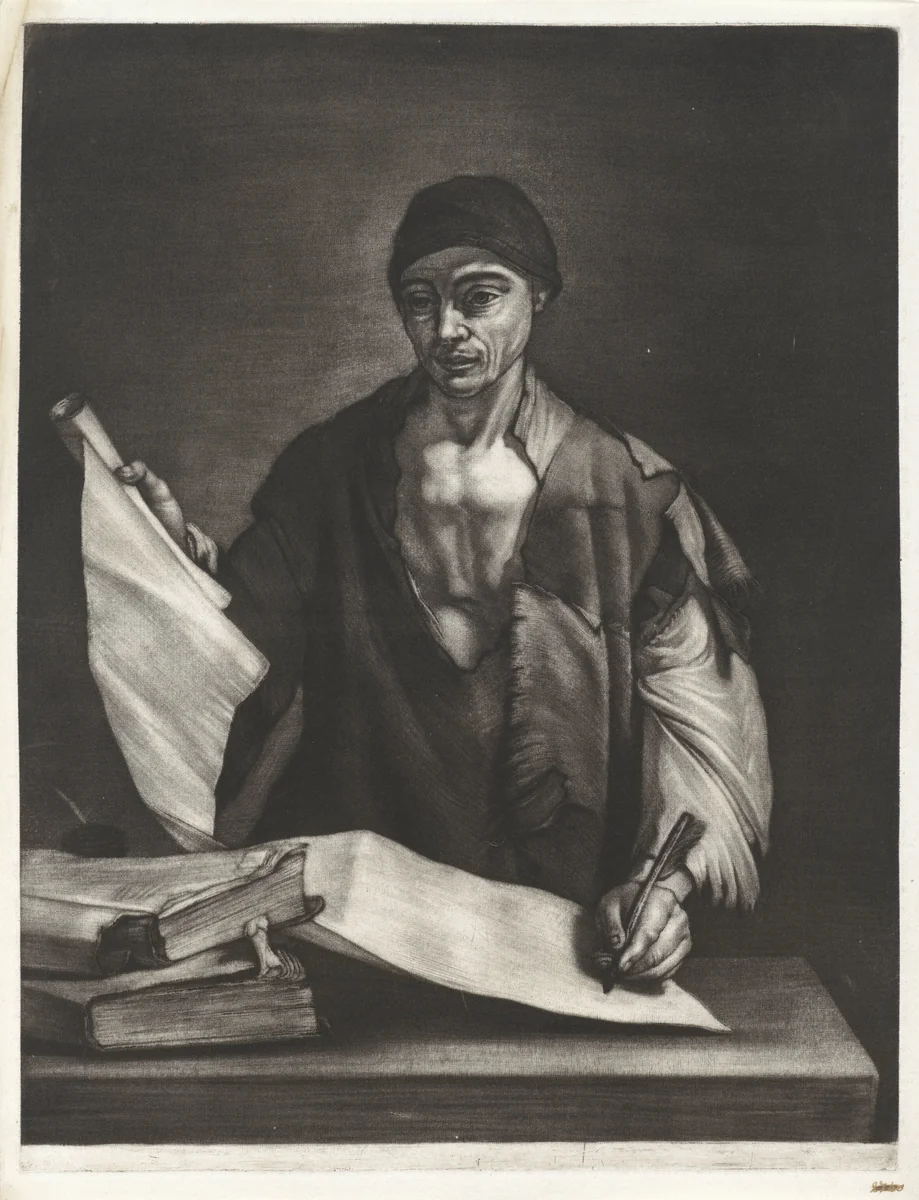 Aristoteles schrijvend achter een bureau by Bernard Vaillant, print, 1672
