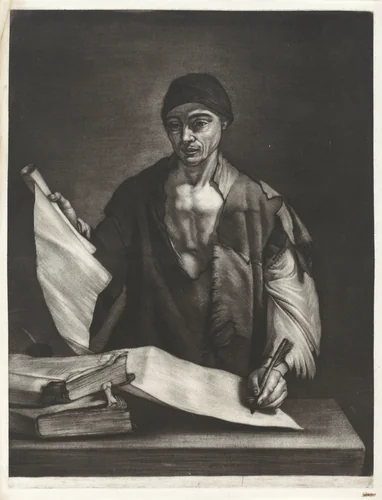 Aristoteles schrijvend achter een bureau by Bernard Vaillant, print, 1672