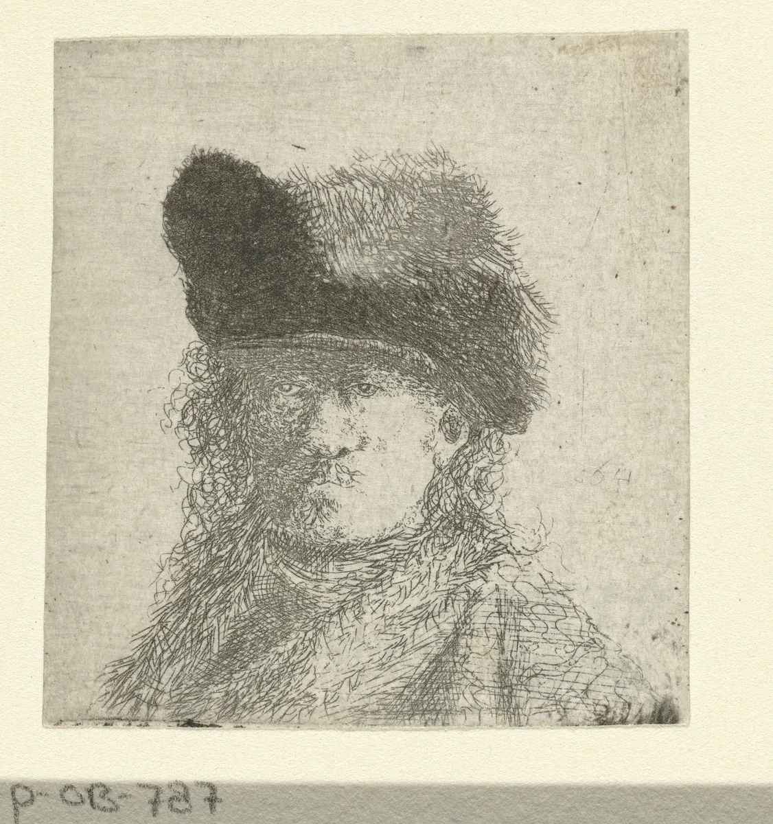 Portret van Rembrandt met bontmuts by anonymous, print, 1630-1700