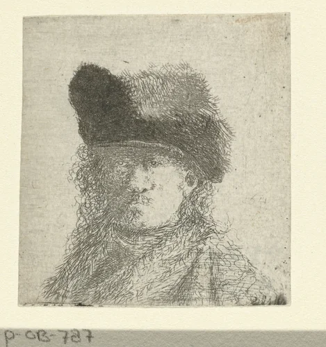Portret van Rembrandt met bontmuts by anonymous, print, 1630-1700