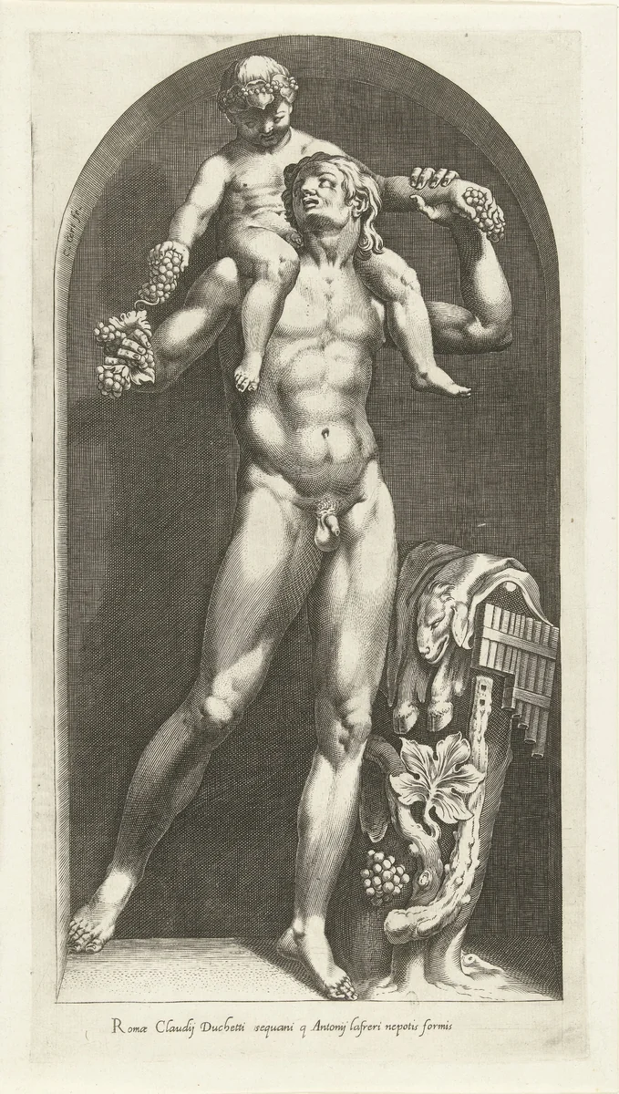 Beeld van een faun met Bacchus op zijn schouders by Unknown, print, 1570-1577