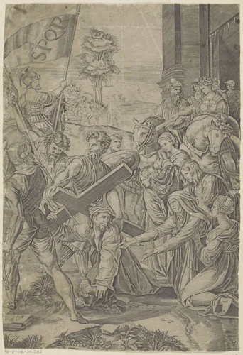 Christus bezwijkt onder het gewicht van het kruis by Unknown, print, 1519