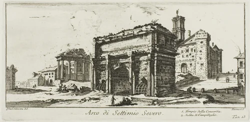 Arch of Septimius Severus. 1. Temple of Concord. 2. Ascent to the Capitoline Hill, plate 13 from Some Views of Triumphal Arches and other Monuments by Giovanni Battista Piranesi, print, 1748