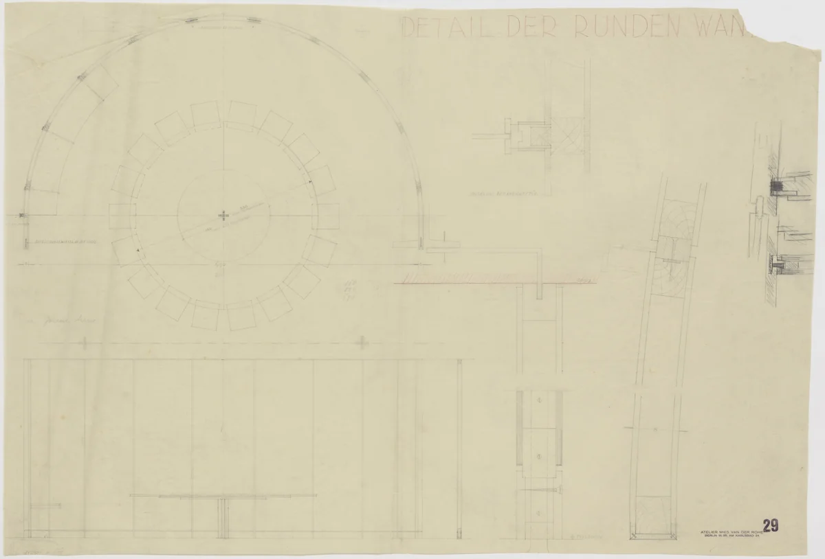 Tugendhat House, Brno, Czech Republic, Semicircular wall details. Plan, sections, elevation. by Ludwig Mies van der Rohe, mies van der rohe archive, 1928