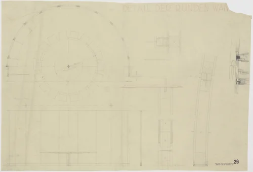 Tugendhat House, Brno, Czech Republic, Semicircular wall details. Plan, sections, elevation. by Ludwig Mies van der Rohe, mies van der rohe archive, 1928