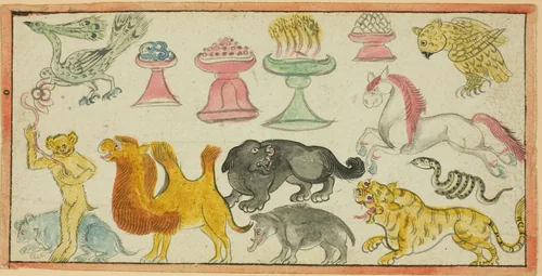 Page from a Manuscript with Images of Auspicious Animals and Offerings by Mongolia, drawing, 1799-1899