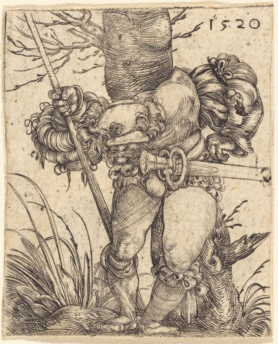 Foot Soldier in Front of a Tree by Barthel Beham, print, 1520