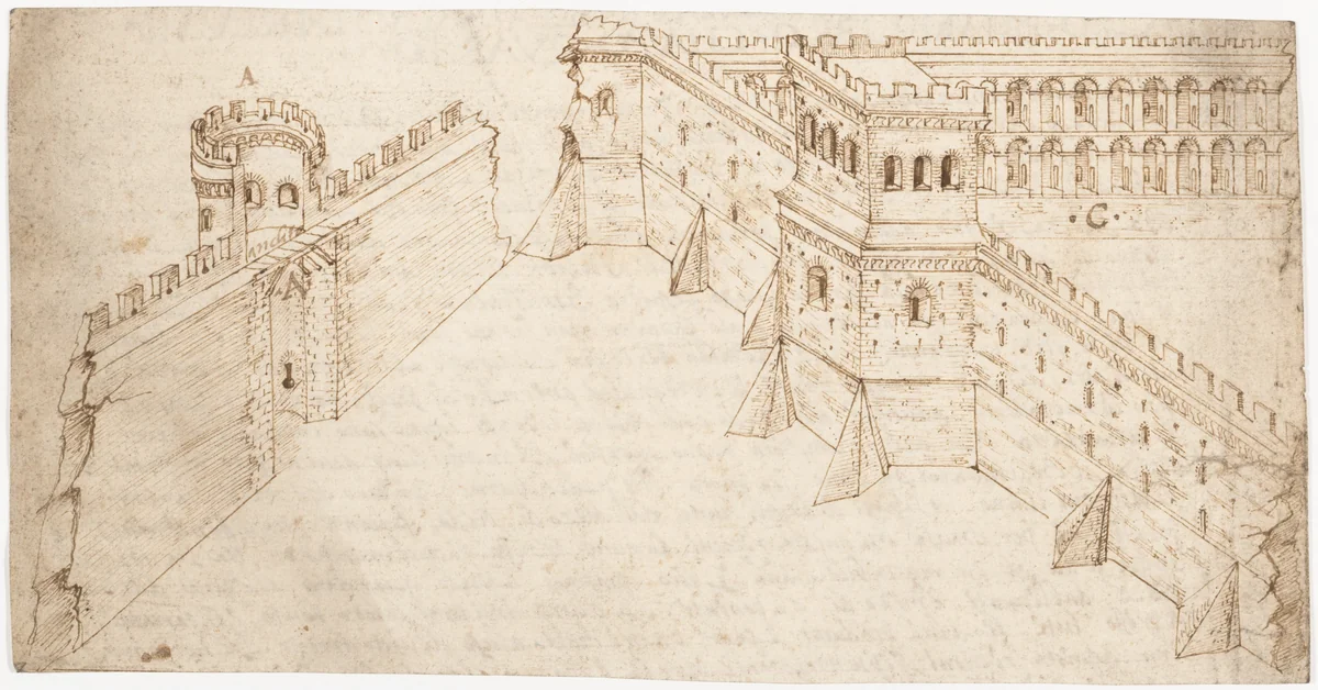 Recto: "Libro Primo, Chapo Quarto..." (Vitruvius, Book 1, Chapter 4); Verso: The Fortification of City Walls (Vitruvius, Book 1, Chapter 5). by Sangallo family, drawing, 1530-1545