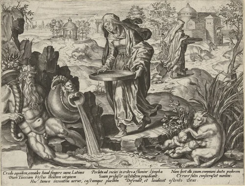 Tuccia met een zeef aan de waterkant by Pieter Jalhea Furnius, print, 1573