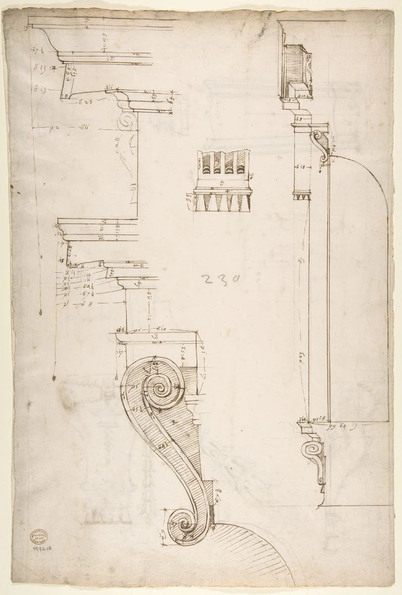 St Peter's apse, exterior niche section and details (recto) St Peter's apse, exterior niche elevation and profiles of details (verso) by anonymous, drawing, 1500-1560