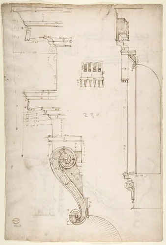 St Peter's apse, exterior niche section and details (recto) St Peter's apse, exterior niche elevation and profiles of details (verso) by anonymous, drawing, 1500-1560
