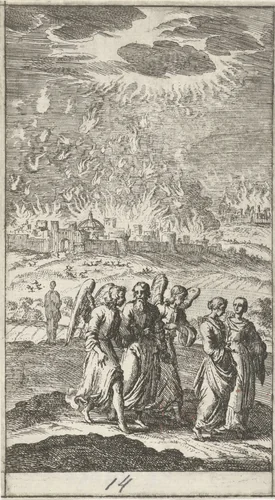 Lot en zijn dochters verlaten het brandende Sodom by anonymous, print, 1681-1762