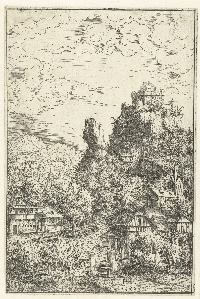 Landschap met een slot op rotsen by Unknown, print, 1553