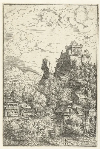 Landschap met een slot op rotsen by Unknown, print, 1553