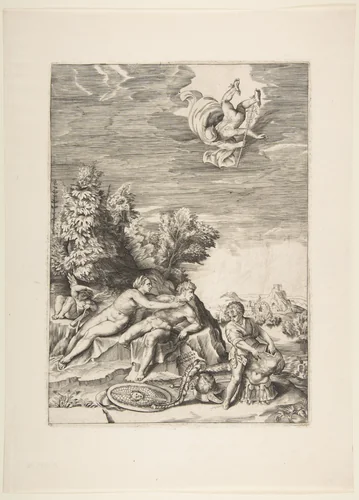 Calypso trying to detain Ulysses as a child prepares his armour at right and Mercury falls from the sky by Giulio Bonasone, print, 1531-1576